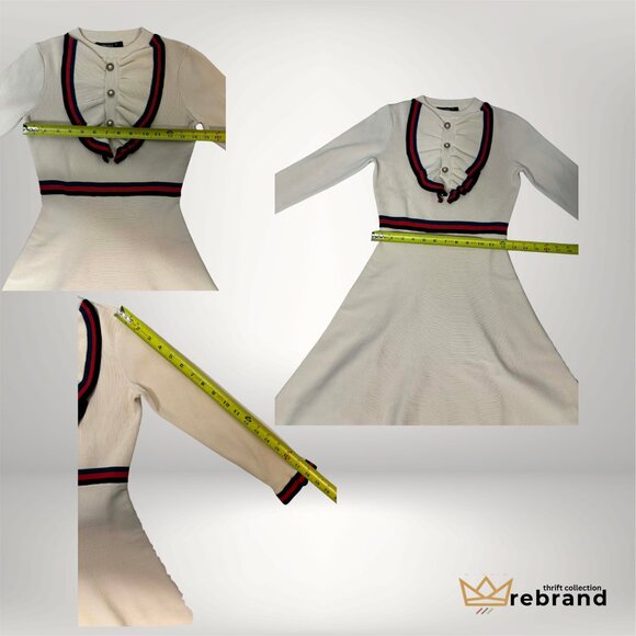 Preppy Ruffle Collar Knit Dress Cream Red Navy Stripe S - Picture 5 of 5